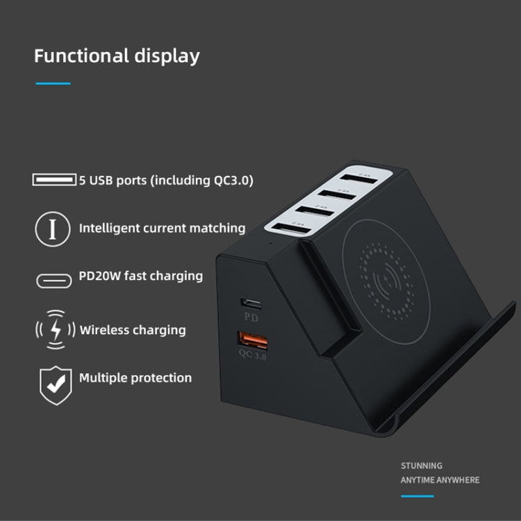 PD 20W +QC 3.0 Wireless Charging+6 Ports Multi-function Charger, Black