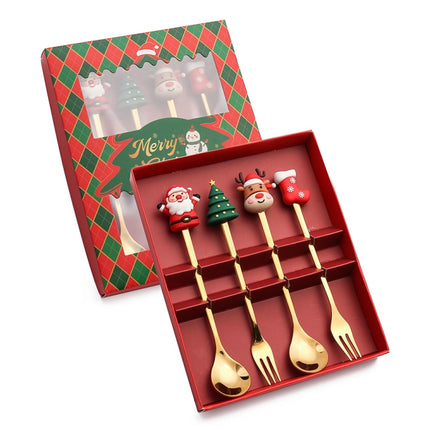 4pcs /Pack Christmas Cartoon Doll Stainless Steel Tableware, A Spoon Fork, B Spoon Fork, C Spoon Fork, D Spoon