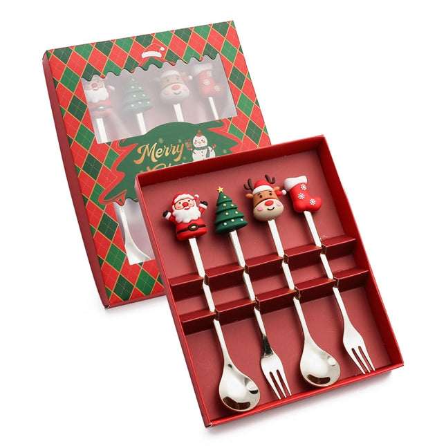 4pcs /Pack Christmas Cartoon Doll Stainless Steel Tableware, A Spoon Fork, B Spoon Fork, C Spoon Fork, D Spoon