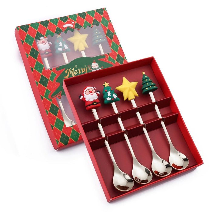 4pcs /Pack Christmas Cartoon Doll Stainless Steel Tableware, A Spoon Fork, B Spoon Fork, C Spoon Fork, D Spoon