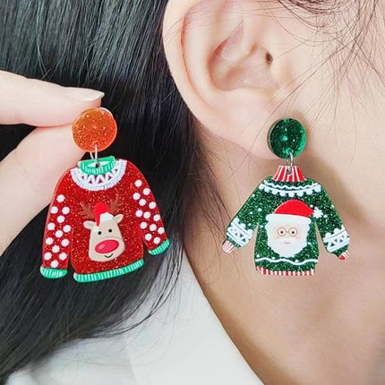 1pair Sweater Christmas Earrings Cute Elk Snowman  Earstuds, Snowman Green, Old Man Green, Elk Red, Gift Box Red