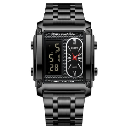 BINBOND B2311 30m Waterproof Men LED Luminous Multifunctional Quartz Watch, Black Steel-Black
