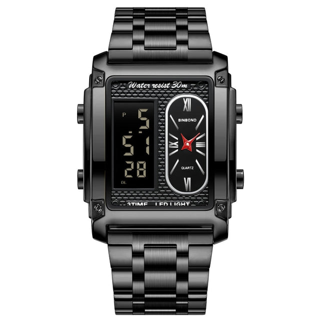 BINBOND B2311 30m Waterproof Men LED Luminous Multifunctional Quartz Watch, Black Steel-Black