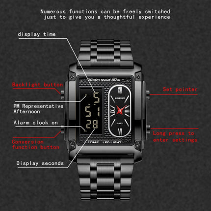 BINBOND B2311 30m Waterproof Men LED Luminous Multifunctional Quartz Watch, Black Steel-Black