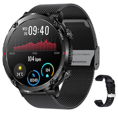 T30 1.6-inch Outdoor Sports Waterproof Smart Music Bluetooth Call Watch, Black, Dark Green, Black Steel+Silicone, Black Net+Silicone