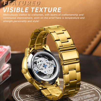 BINBOND B3030 Embossed Dragon Luminous Waterproof Quartz Watch, Full-gold Black, White Steel-White