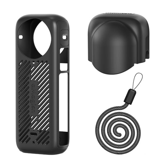 For Insta360 X4 AMagisn Silicone Protective Cover, Body Case + Lens Cover Black, Lens Cover Gray