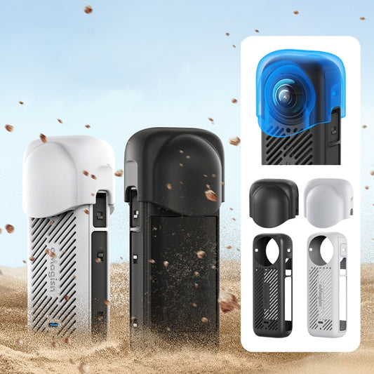 For Insta360 X4 AMagisn Silicone Protective Cover, Body Case + Lens Cover Black, Lens Cover Gray