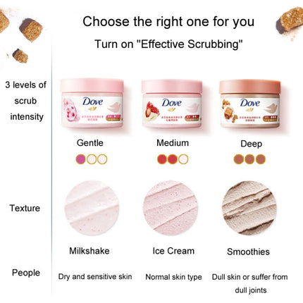Dove Body Scrub Gentle Moisturizing Cleansing Exfoliating Body Polish, 298g Pomegranate Scent, 298g Cherry Scent, 298g Coconut Flavor