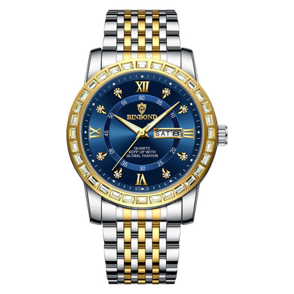 BINBOND B2202 Diamond Dual-calendar Luminous Quartz Watch, Inter-gold-Blue, Inter-gold-Green, Inter-gold-Black, Inter-gold-White, Full-gold-Gold, Full-gold-Black, White Steel-Blue, White Steel-Black, White Steel-White, Black Steel-Black-White Nail