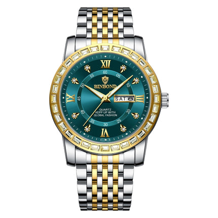 BINBOND B2202 Diamond Dual-calendar Luminous Quartz Watch, Inter-gold-Blue, Inter-gold-Green, Inter-gold-Black, Inter-gold-White, Full-gold-Gold, Full-gold-Black, White Steel-Blue, White Steel-Black, White Steel-White, Black Steel-Black-White Nail