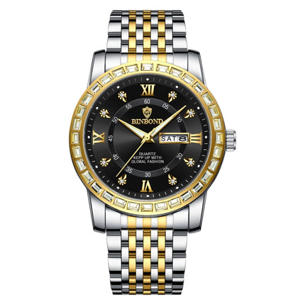 BINBOND B2202 Diamond Dual-calendar Luminous Quartz Watch, Inter-gold-Blue, Inter-gold-Green, Inter-gold-Black, Inter-gold-White, Full-gold-Gold, Full-gold-Black, White Steel-Blue, White Steel-Black, White Steel-White, Black Steel-Black-White Nail