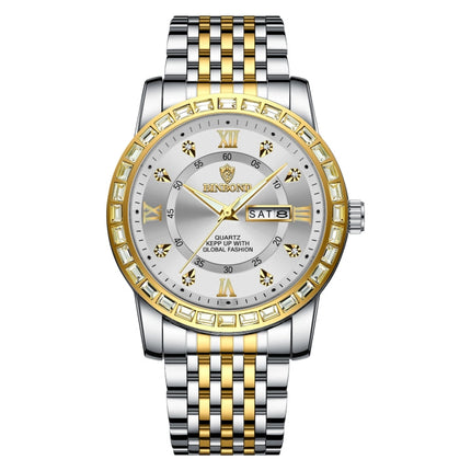 BINBOND B2202 Diamond Dual-calendar Luminous Quartz Watch, Inter-gold-Blue, Inter-gold-Green, Inter-gold-Black, Inter-gold-White, Full-gold-Gold, Full-gold-Black, White Steel-Blue, White Steel-Black, White Steel-White, Black Steel-Black-White Nail