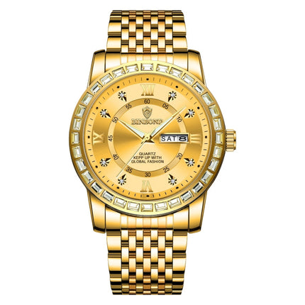 BINBOND B2202 Diamond Dual-calendar Luminous Quartz Watch, Inter-gold-Blue, Inter-gold-Green, Inter-gold-Black, Inter-gold-White, Full-gold-Gold, Full-gold-Black, White Steel-Blue, White Steel-Black, White Steel-White, Black Steel-Black-White Nail