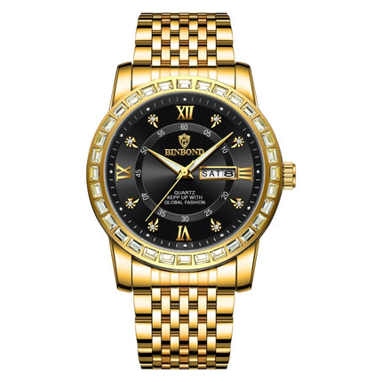 BINBOND B2202 Diamond Dual-calendar Luminous Quartz Watch, Inter-gold-Blue, Inter-gold-Green, Inter-gold-Black, Inter-gold-White, Full-gold-Gold, Full-gold-Black, White Steel-Blue, White Steel-Black, White Steel-White, Black Steel-Black-White Nail