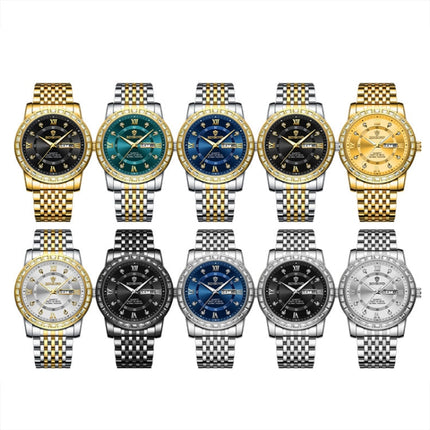BINBOND B2202 Diamond Dual-calendar Luminous Quartz Watch, Inter-gold-Blue, Inter-gold-Green, Inter-gold-Black, Inter-gold-White, Full-gold-Gold, Full-gold-Black, White Steel-Blue, White Steel-Black, White Steel-White, Black Steel-Black-White Nail