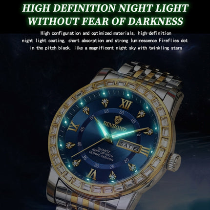 BINBOND B2202 Diamond Dual-calendar Luminous Quartz Watch, Inter-gold-Blue, Inter-gold-Green, Inter-gold-Black, Inter-gold-White, Full-gold-Gold, Full-gold-Black, White Steel-Blue, White Steel-Black, White Steel-White, Black Steel-Black-White Nail