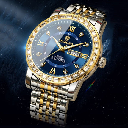 BINBOND B2202 Diamond Dual-calendar Luminous Quartz Watch, Inter-gold-Blue, Inter-gold-Green, Inter-gold-Black, Inter-gold-White, Full-gold-Gold, Full-gold-Black, White Steel-Blue, White Steel-Black, White Steel-White, Black Steel-Black-White Nail