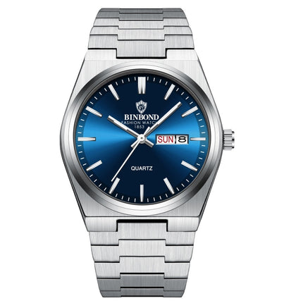 BINBOND B102 Dual-calendar Leisure Waterproof Luminous Quartz Watch, White Steel-Blue