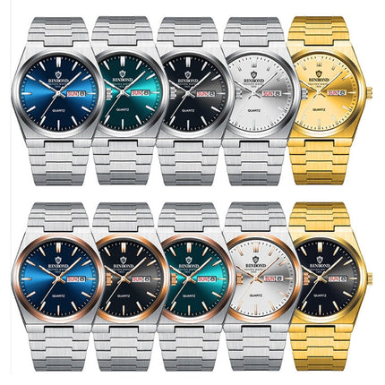 BINBOND B102 Dual-calendar Leisure Waterproof Luminous Quartz Watch, White Steel-Blue