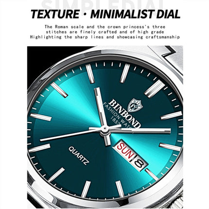 BINBOND B102 Dual-calendar Leisure Waterproof Luminous Quartz Watch, White Steel-Blue