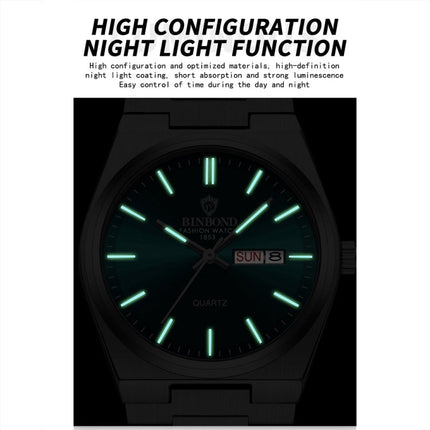BINBOND B102 Dual-calendar Leisure Waterproof Luminous Quartz Watch, White Steel-Blue, White Steel-Green
