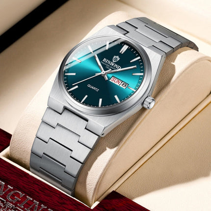 BINBOND B102 Dual-calendar Leisure Waterproof Luminous Quartz Watch, White Steel-Blue, White Steel-Green