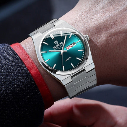 BINBOND B102 Dual-calendar Leisure Waterproof Luminous Quartz Watch, White Steel-Blue, White Steel-Green