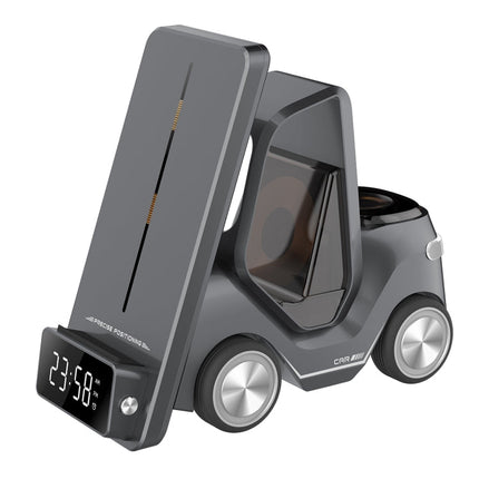 T20 5-in-1 Car-shaped Desktop Alarm Clock Wireless Charger with Atmosphere Light, White, Gray, Yellow, Orange