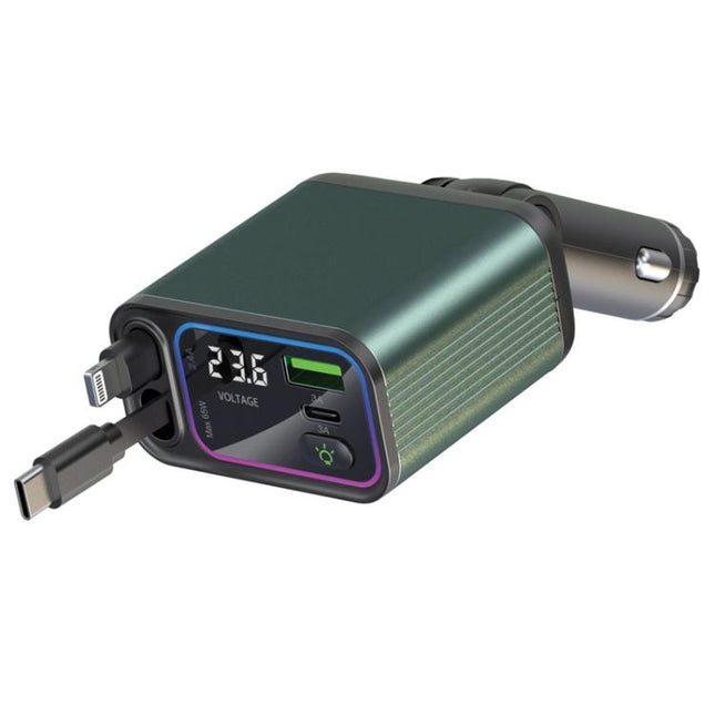 Dual Retractable Cable Auto Stowage Running Ambient Light Voltage Display Car Charger, Type-C+Type-C, Type-C+8 Pin