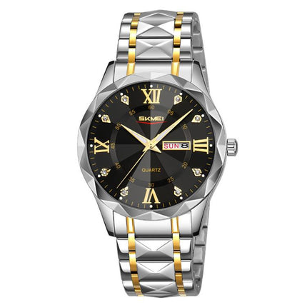 SKMEI Business Casual Watches Diamond Case Luminous Waterproof Quartz Watch, Men Silver Gold Strap Silver Dial, Men Silver Gold Strap Green Dial, Men Silver Gold Strap Black Dial, Men Silver Case Silver Dial, Men Silver Case Gray Dial                  ...