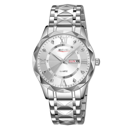 SKMEI Business Casual Watches Diamond Case Luminous Waterproof Quartz Watch, Men Silver Gold Strap Silver Dial, Men Silver Gold Strap Green Dial, Men Silver Gold Strap Black Dial, Men Silver Case Silver Dial, Men Silver Case Gray Dial                  ...