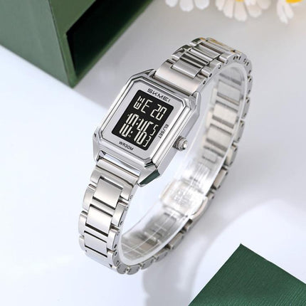 SKMEI 2493 Small Women Electronic Watch Square Steel Strap Watch, Gold Case White, Gold Case Black, Silver Case White, Silver Case Black, Black Case White, Black Case Black