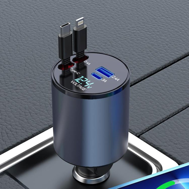 100W Metal Car Retractable Cable Cigarette Lighter Charger, 8 Pin+TYPE-C, 8 Pin+8 Pin (2.4A), TYPE-C+TYPE-C (PD+QC)