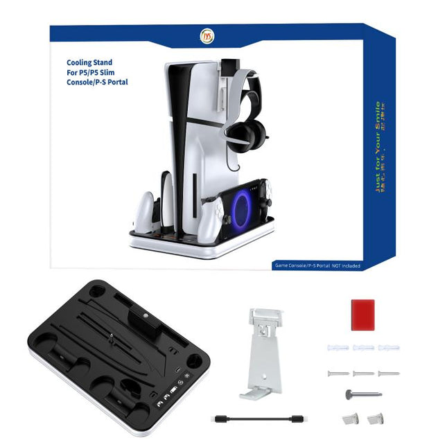 JYS Charging Display Station for PS5/PS5 Slim/PS Portal Dual Controller Dock with Cooling Fan & Headphone Hook