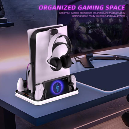 JYS Charging Display Station for PS5/PS5 Slim/PS Portal Dual Controller Dock with Cooling Fan & Headphone Hook