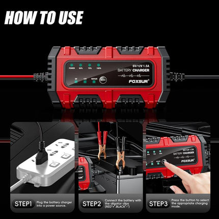FOXSUR Smart 6V/12V 1.5A Battery Charger 4AH-30AH Lead Acid Battery Maintainer For Motorcycle/Car/ATV, EU Plug, US Plug, UK Plug