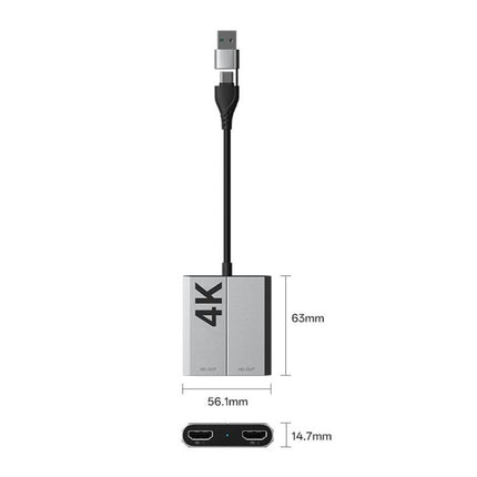 USB3.0+Type-C To Dual HDMI Extender 4K 60HZ Dual Screen Heterodyne HD Video Converter, HD16