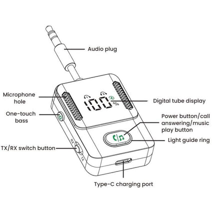 BR16 Car Bluetooth Dual-Microphone Receiver-Transmitter Long Lasting Audio Adapter, BR16