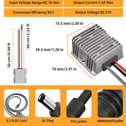 Power Converter Voltage Booster, 12V / 24V To 57V 4.5A With 1m DC Cable, 12V / 24V To 57V 4.5A With 1m DC Cable Clamp
