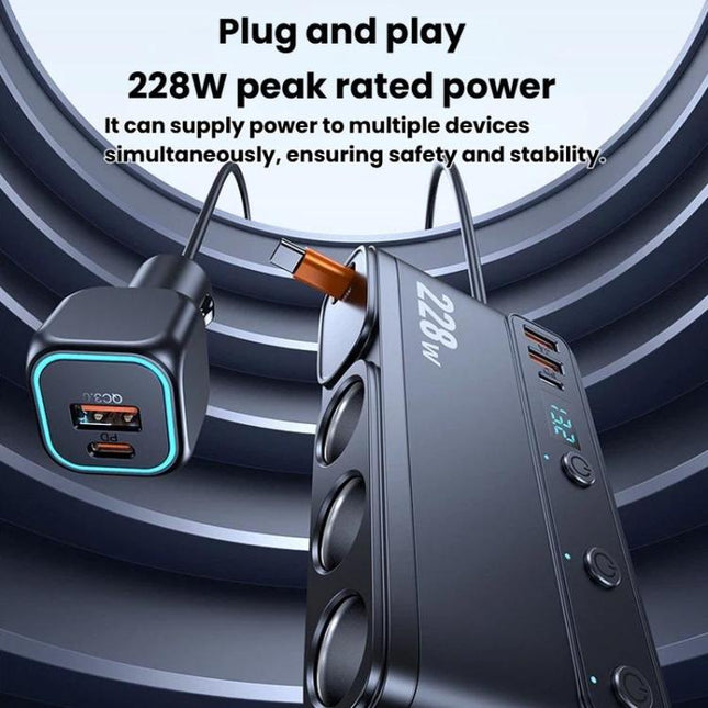 228W Car Cigarette Lighter Retractable Cable 3 In 1 Fast-Charging Car Charger With Independent Switches, C35L