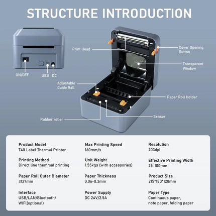 4-Inch Thermal Label Printer for Shipping, Barcode & Packaging Labels 25-100mm Print Width, EU Plug, HZTZ T40 USB, HZTZ T40 USB+Bluetooth, HZTZ T40 USB+LAN, HZTZ T40 USB+Bluetooth+Wi-Fi, HZTZ T40 USB+Wi-Fi