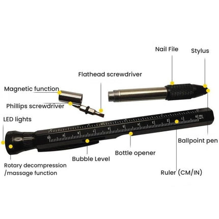12-In-1 Multifunctional EDC Tool Pen With LED Light, Ruler Scale, Stylus, Bottle Opener & Magnetic Tip For Fidget Relief