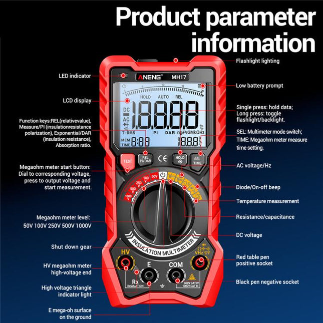 ANENG 1000V Insulation Resistance Tester Digital Megohmmeter, MH17