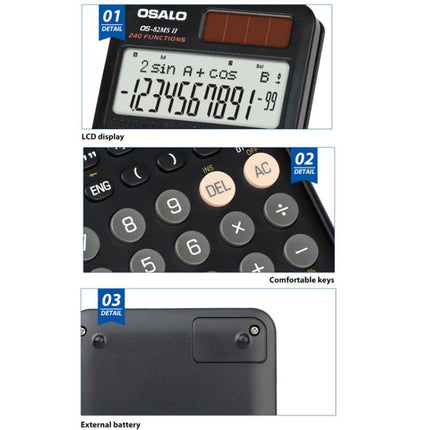 OSALO  OS-82ES PLUS II 240-Function Scientific Calculator Solar Powered with 10+2 Digit Display, OS-82ES PLUS II