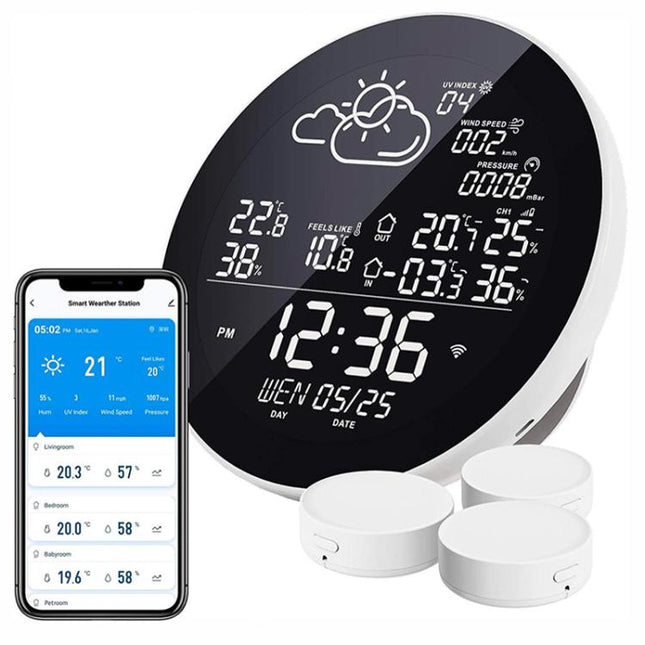 Smart WiFi Weather Station Clock Compatible With Tuya Smart Life Wireless Indoor Outdoor Thermometer Hygrometer, 1-to-1, 1-to-3, ColorScreen 1 Sensor, ColorScreen 3 Sensors