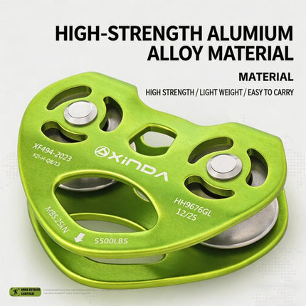 XINDA Double Trolley Pulley 5kN/5500lbs Heavy Duty Heart-Shaped Zip Line Pulley Tandem Pulley For Climbing, Rescue
