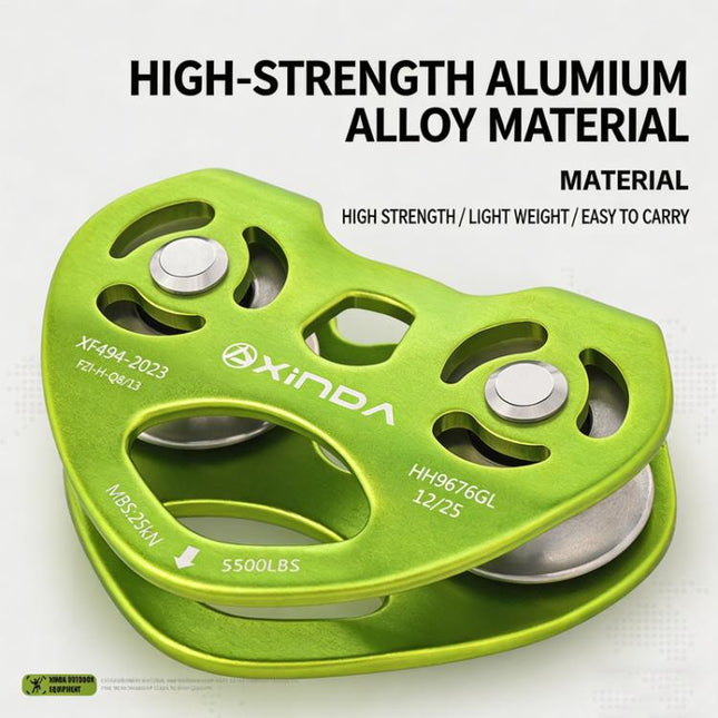 XINDA Double Trolley Pulley 5kN/5500lbs Heavy Duty Heart-Shaped Zip Line Pulley Tandem Pulley For Climbing, Rescue