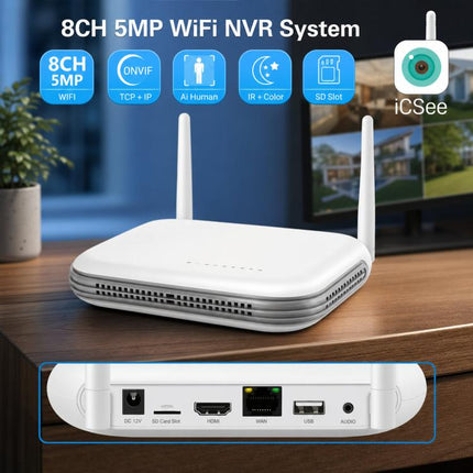 8CH Wireless NVR System For Security Cameras 5MP/3MP WiFi Network Video Recorder Support 2.5-Inch HDD & TF Card, US Plug, EU Plug, UK Plug