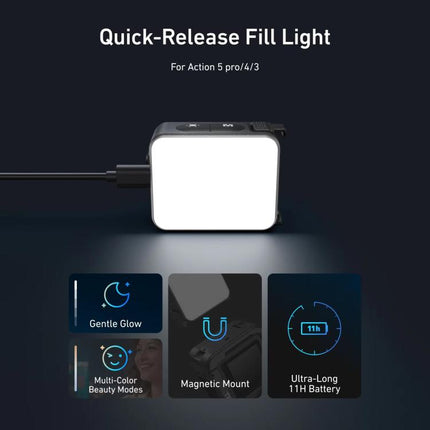 For DJI Action 5 Pro/4/3 TELESIN Quick-Release Mini Vlog Fill Light, IPX5 Waterproof Magnetic LED Video Light With 3 Color Temps, For DJI Action 5 Pro/4/3
